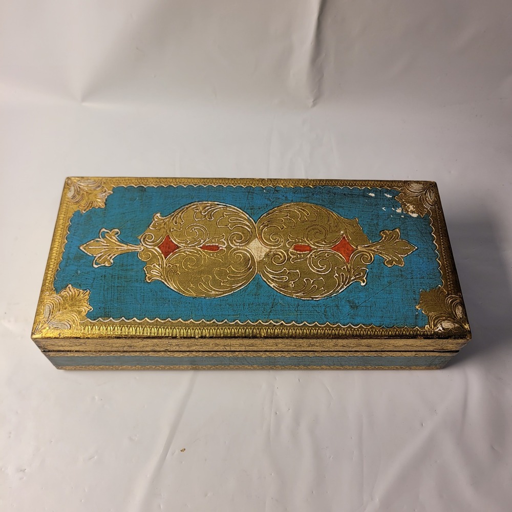 V.O. Florence Jewelry Box Vintage Italian Gilt Wood Turquoise Gold Leaf Trinket